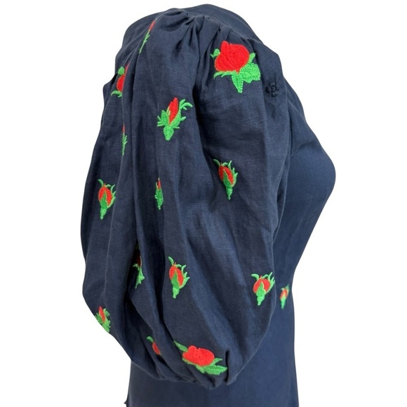 Fanm Mon Navy Flame Linen One Sleeve Ruffle Hem Floral Embroidery Mini Dress NWT - Picture 7 of 15